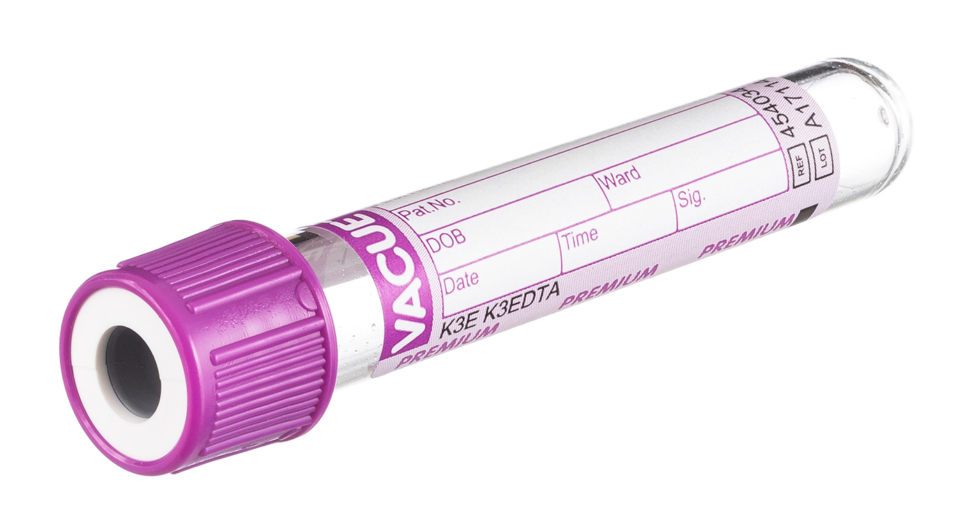 Vacuette tube 1ml, 75x13mm, EDTA K3, lavender screw cap with white ring, paediatric, label, Greiner