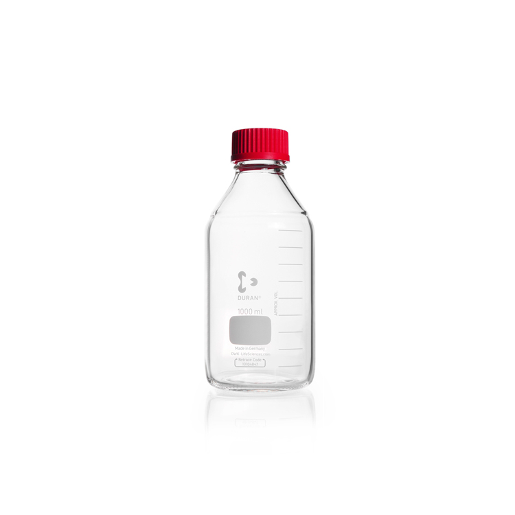 Laboratory bottle, 1000ml, clear, graduated, GL 45, with red PBT screw cap and ETFE pouring ring, Duran