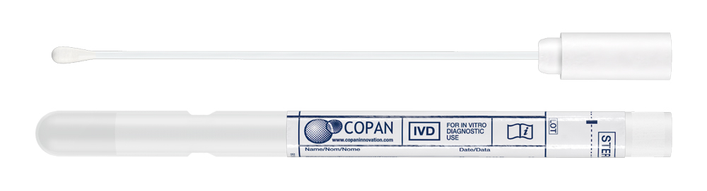 Swab Stuart liquid, plastic applicator, white cap, Copan