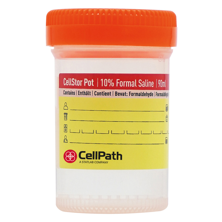 Cellstor pot 90ml met 60ml 10% fysiologische zoutoplossing, tray van 25 stuks, Cellpath