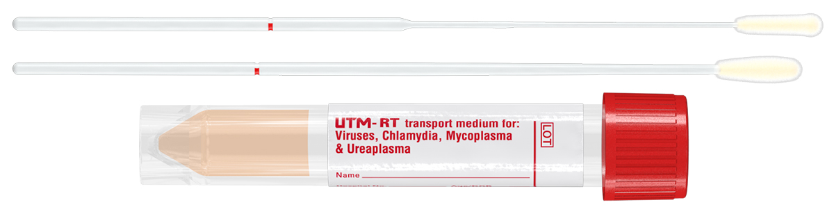 Buis 100x16mm + UTM 3ml medium + set van 1 flexibele nasopharyngal flocked swab+ 1 regular flocked swab, nylon tip, breekpunt 100mm, steriel individueel, Copan