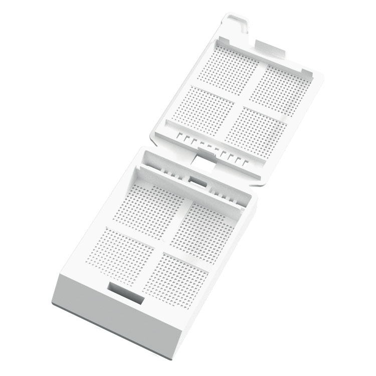 System III Micro Biopsy cassette, with hinged lid, preloaded, white, Cellpath, for Leica/Sakura printer