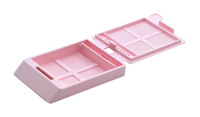 System III Micro Biopsy cassette, with hinged lid, preloaded, pink, Cellpath, for Leica/Sakura printer