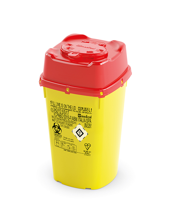 Sharps Container CS Plus Line, square, yellow/red, 5 liter, 167x167x298mm high version AP Medical