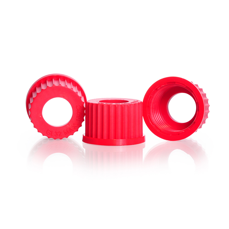 Screw cap in PBT with opening for tubing, GL 32, red, Duran