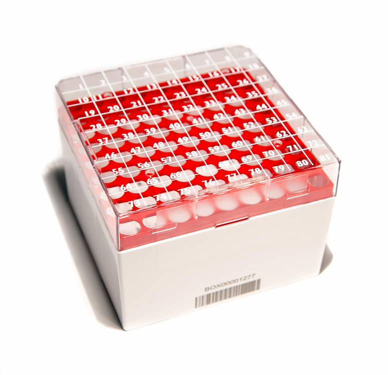 CryoGen 1D barcode box in pc for 81 tubes (internal/external), 132x132mm, red Biosigma