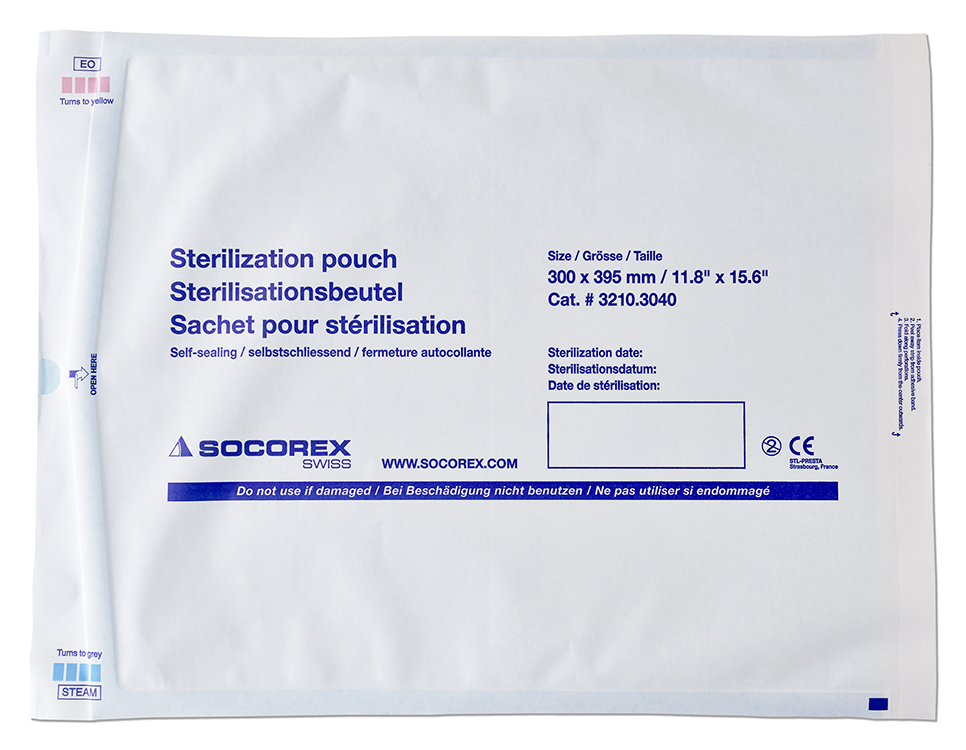 Sterilisation pouch peel off with indicator,  30x39,5cm, with protection strip, Socorex