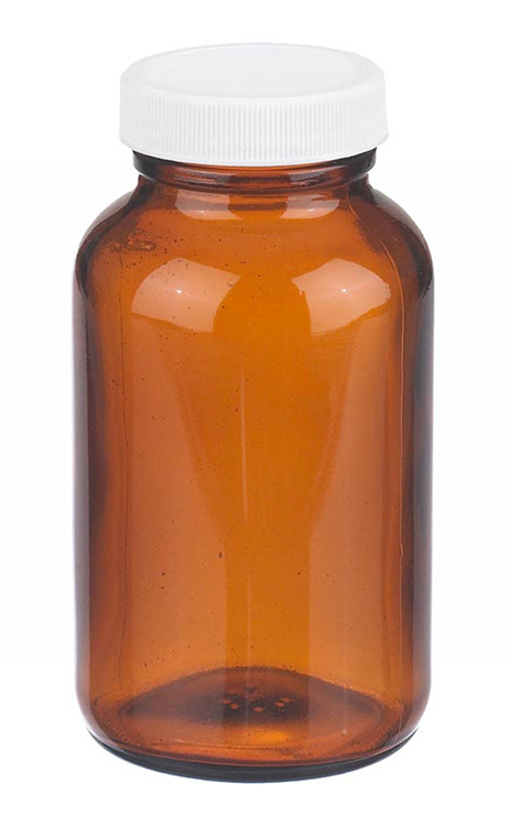 Pot, wijde opening, 250ml, 66x121mm, amber soda lime glas, 45-400 schroefdraad, PTFE cap wit, Wheaton