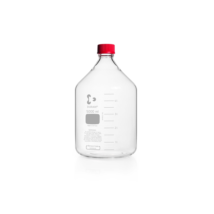 Laboratory bottle, 5000ml, clear, graduated, GL 45, with red PBT screw cap and ETFE pouring ring, Duran