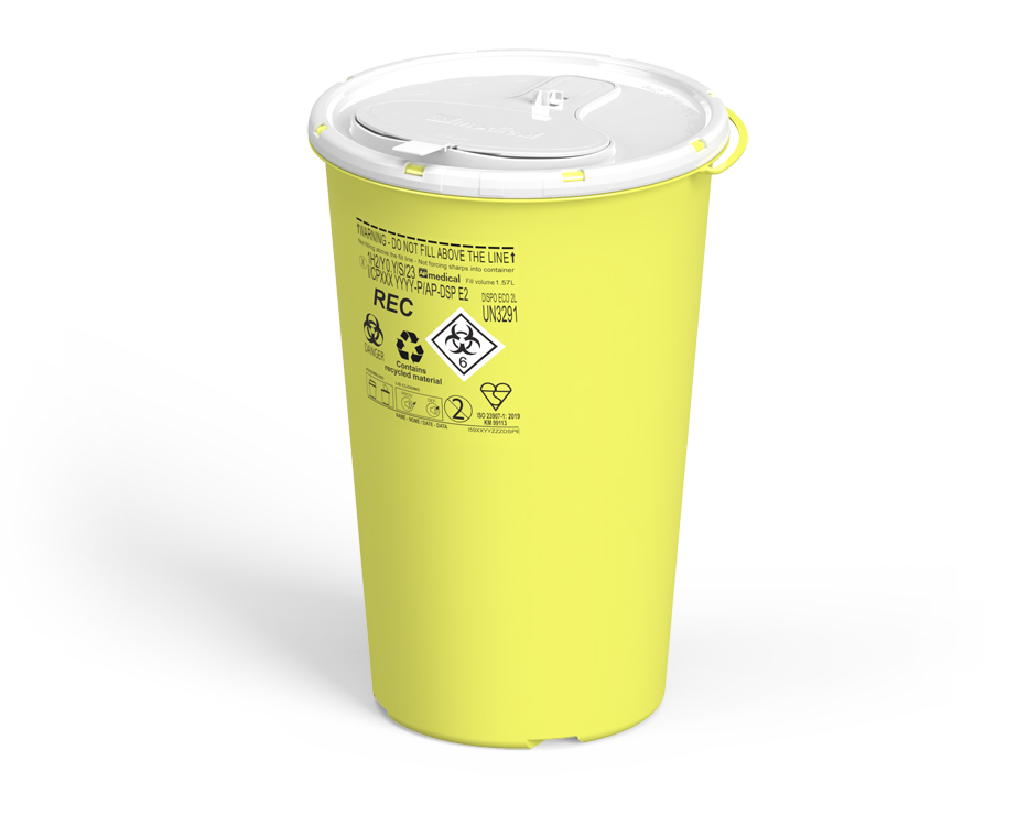 Sharps Container Line Dispo, round, yellow/white,  2 liter, diam. 14cm x 21,2cm height, eco recycled, AP Medical