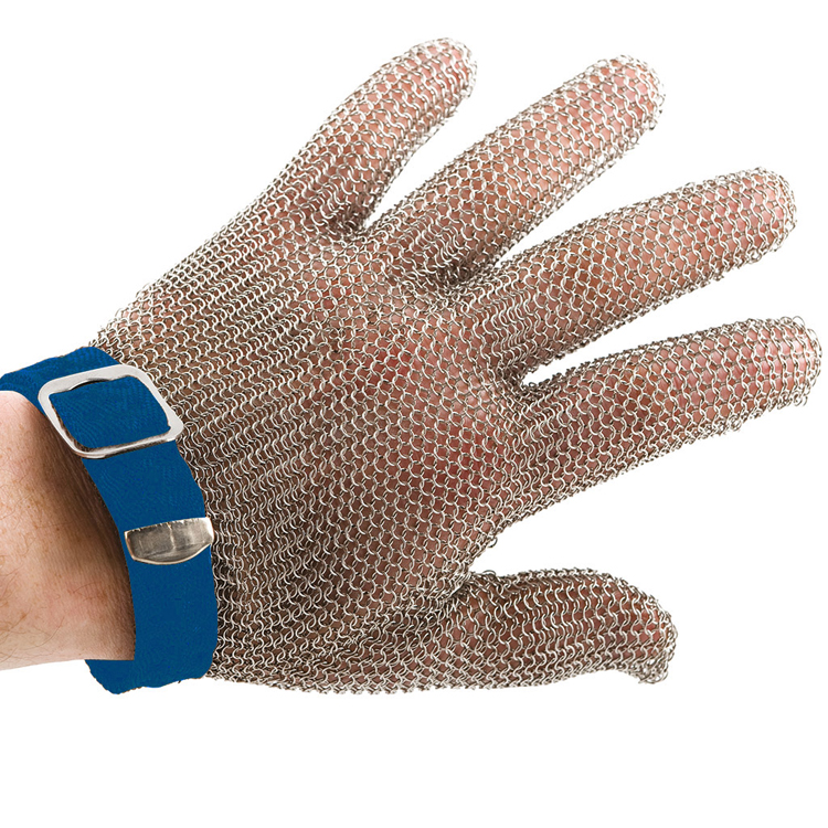 Promesh safety handschoen, large, uit roestvrij staal, met blauw riempje, flexibel, Cellpath