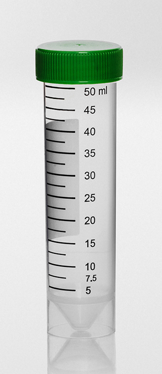 Tube 115x30mm, 50ml, fond conique plp, avec jupe, zone d'écriture et bouchon à vis vert, stérile R, 7.000G