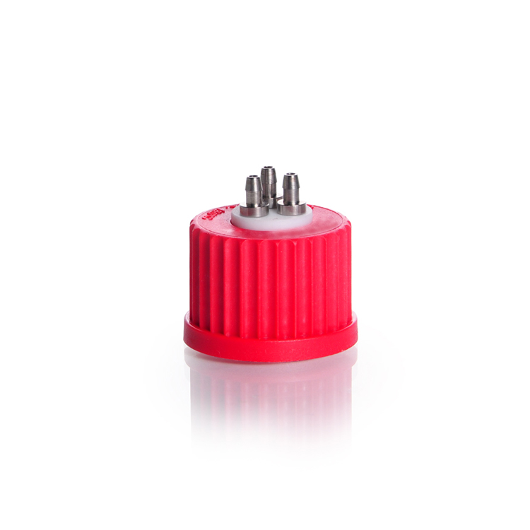 Duran screwcap GL25 with 3 connector caps, red, with PTFE insert