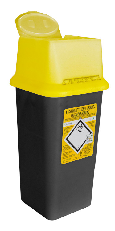 Sharpsafe 7L, zwarte container met geel deksel met flap, 5th GEN