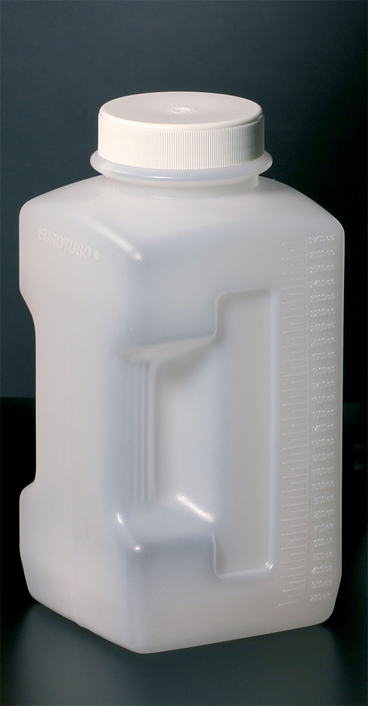 Flacon carré d'urine 24H, 2.7L, HDPE avec joint et bouchon blanc, aseptique Deltalab