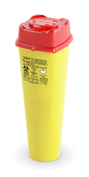 Sharps Container CS Flap Line, carré, jaune/rouge, 7 liter, avec valve de rétraction, 11x16,7x50cm largeur, AP Medical