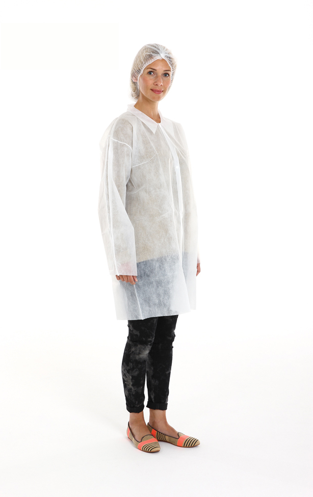 CMT pp non woven visitor coat, white, x-large, light weight, push buttons, no pockets