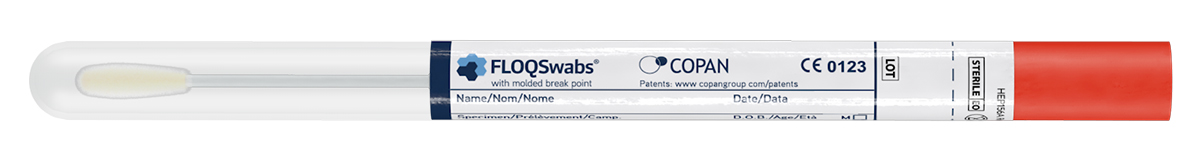 Flocked swab in plain dry tube, nylon tip, plastic applicator, breakpoint 80mm, sterile, Copan