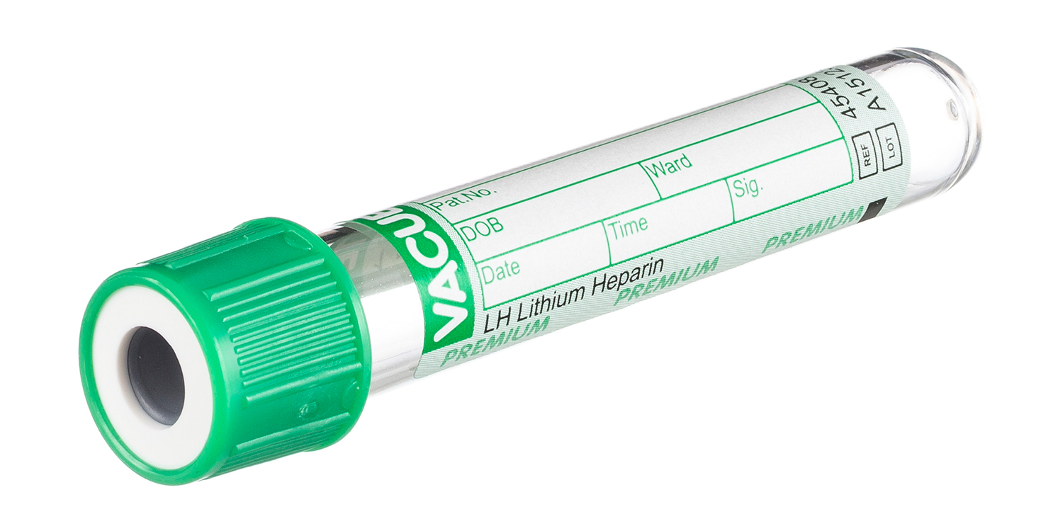 Vacuette tube 1ml, 75x13mm, héparine de lithium, bouchon à vis vert avec anneau blanc, étiquette en papier, prélèvement en pédiatrie, Greiner