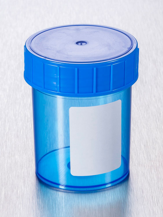 125ml beaker clear plp blue + white label and bleu screwcap, sterile, bulk, Gosselin