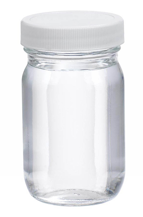 Pot à large ouverture, 125ml, 52x86mm, verre soda lime, pas de vis 48-400, cap blanc en PTFE, Wheaton