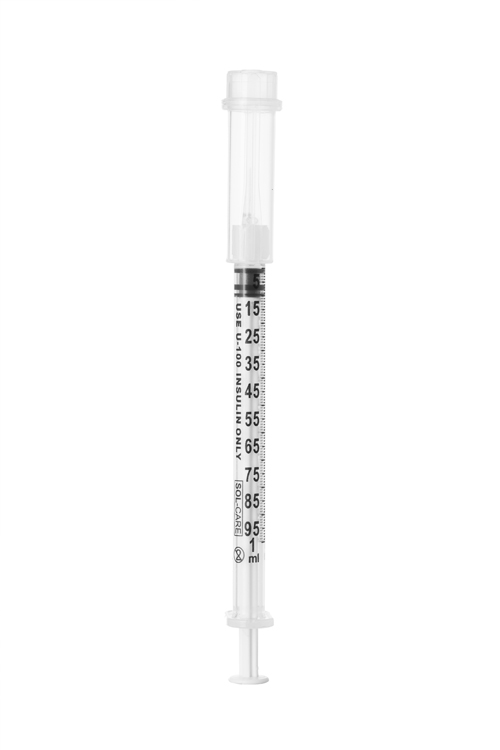 Sol-Guard insuline safety syringe, 0,3ml, 3-part syringe with needle 9G 1/2, Sol Millennium