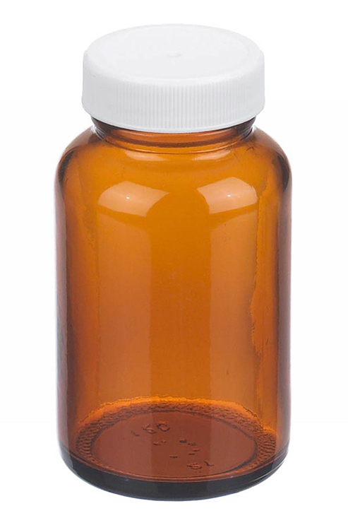 Jar with wide opening, 125ml, 54x97mm, amber soda lime glass, 38-400 thread, white PTFE cap, Wheaton