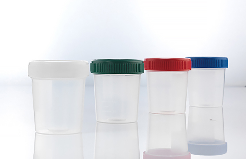Gosselin™ Straight Specimen Containers with Blue Cap and Label